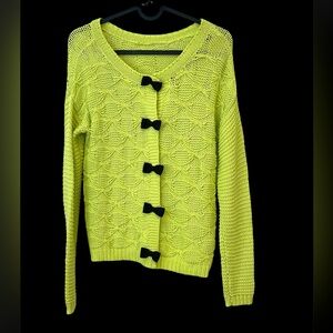Lime Green mixed weave Knit Sweater with black Bow Accents